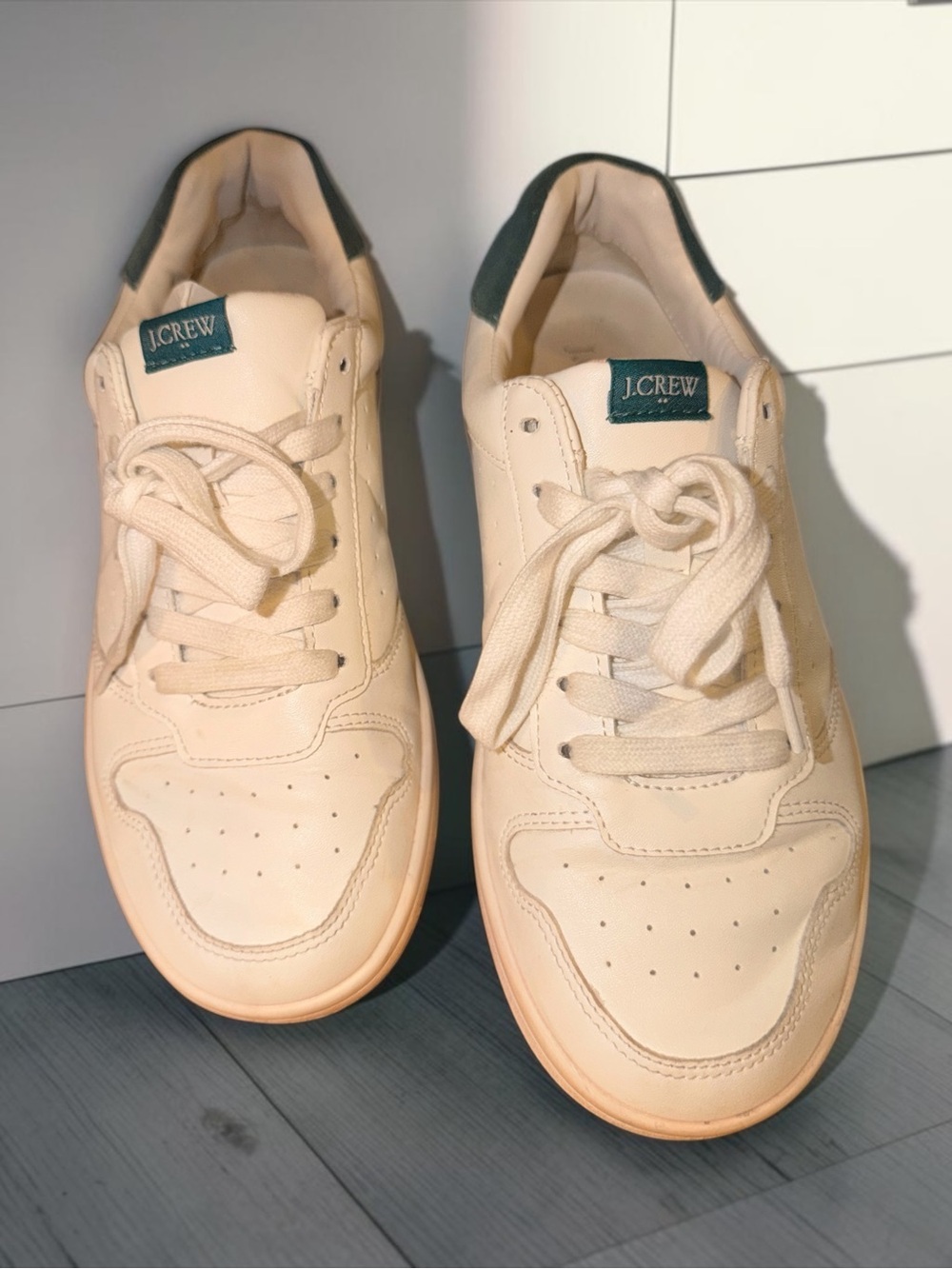 J. Crew Cream Leather Sneakers with Dark Green Heel Tabs